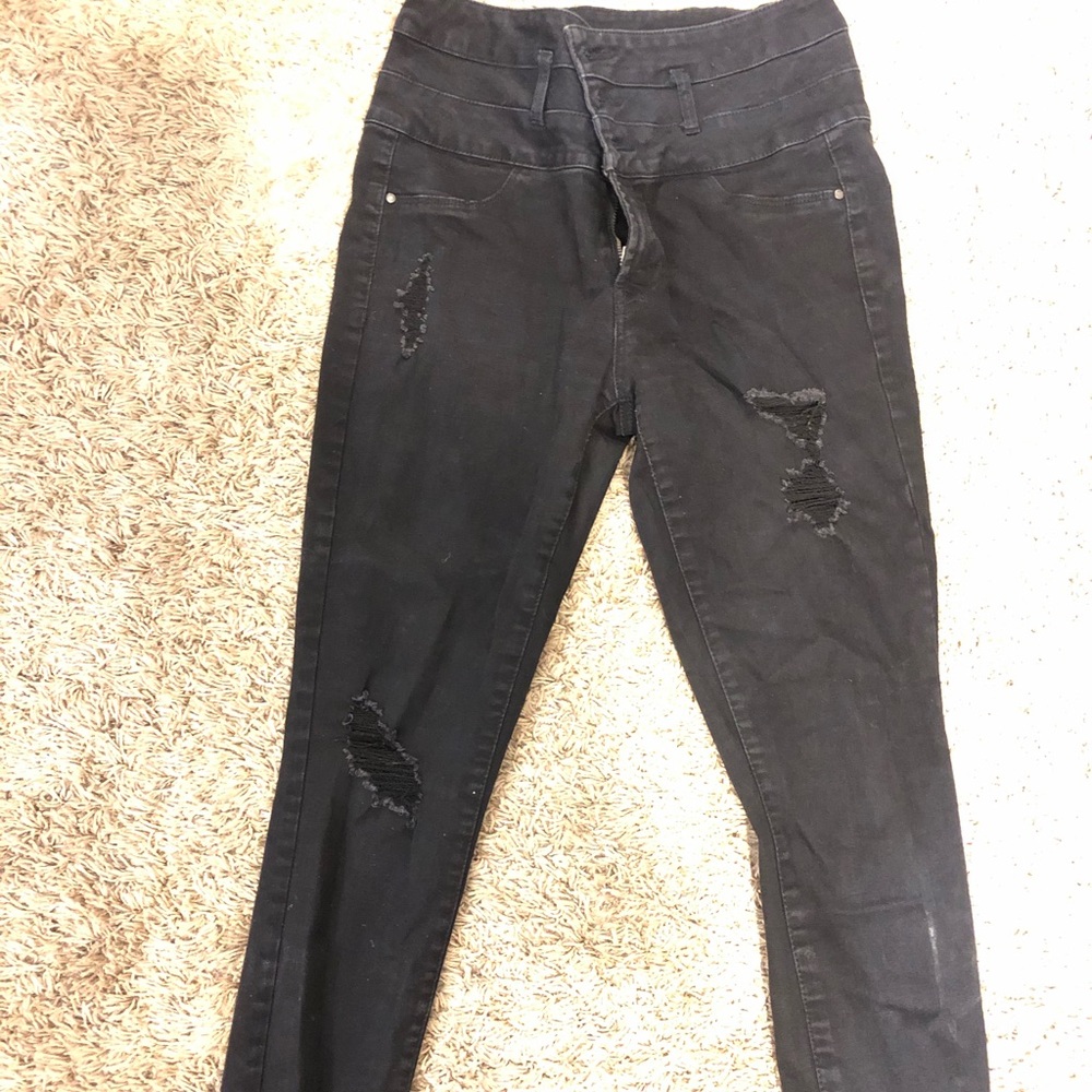 High rise black ripped pants